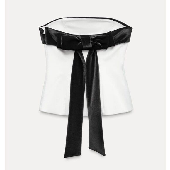 Zara strapless bow top in black and white in women size large 9003/420 - Picture 2 of 16